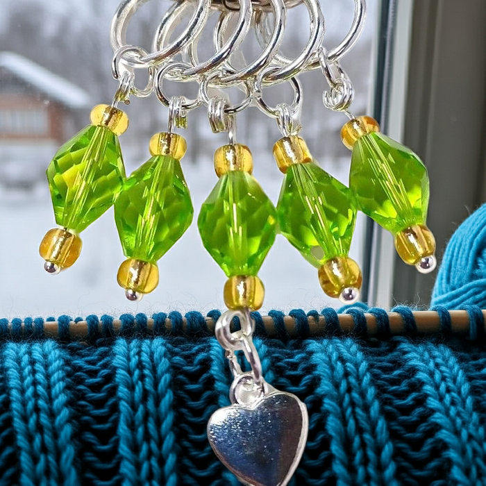 Fine Crystal Stitch Markers - Green and Gold with Silver Heart