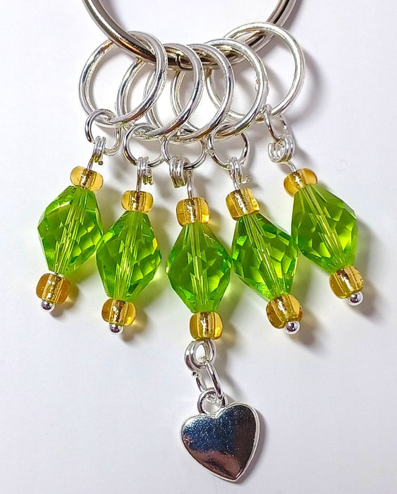 Fine Crystal Stitch Markers - Green and Gold with Silver Heart