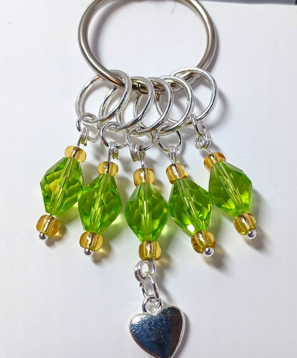 Fine Crystal Stitch Markers - Green and Gold with Silver Heart