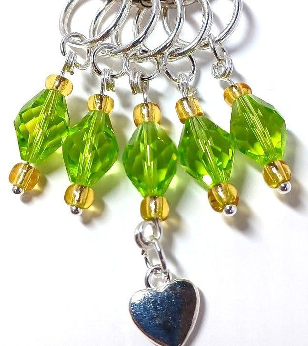Fine Crystal Stitch Markers - Green and Gold with Silver Heart