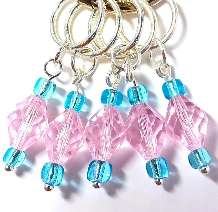 Fine Crystal Stitch Markers - Pink and Sky Blue